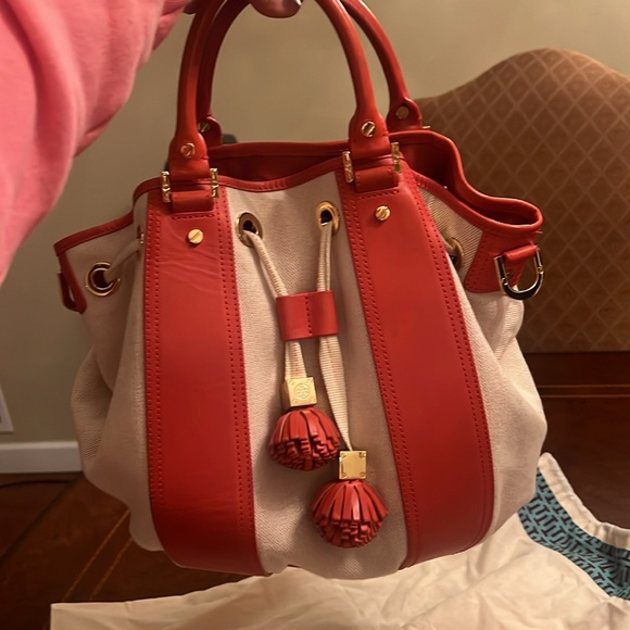 Tory Burch Leather Canvas Bucket HandBag Drawstring Tote Orange Beige Gold - Picture 13 of 13